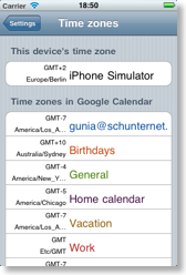 CalenGoo's overview of your Google Calendar time zones.